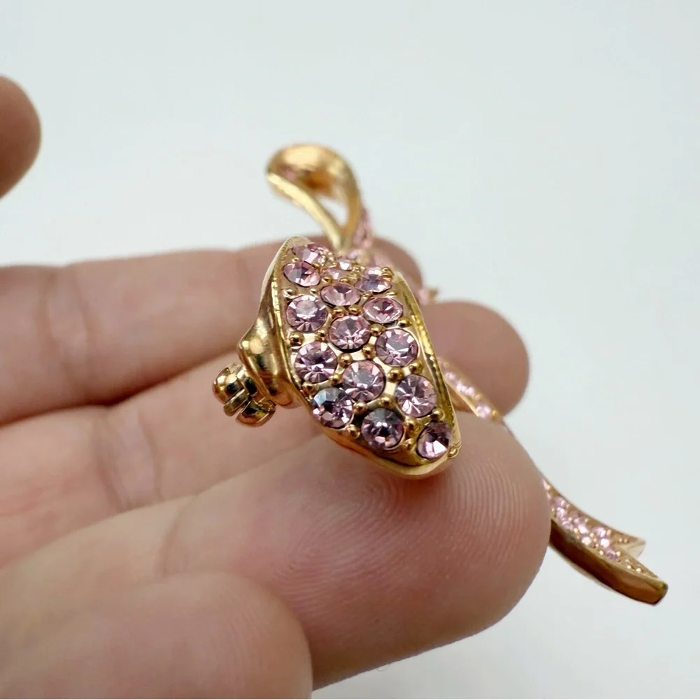 Kenneth Jay Lane KJL Pink Rhinestone Ribbon Bow Goldtone Brooch Pin